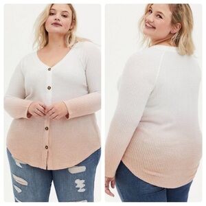 Torrid Waffle V-Neck Button Front Long Sleeve Peach Ombre White Top Plus Size 1X